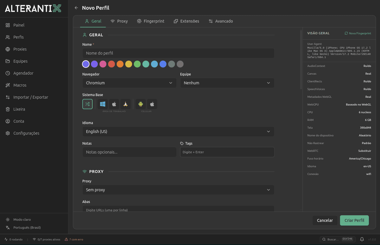 Editor de perfil do AlterAntiX com o painel de fingerprint: User-Agent, Canvas, WebGL, WebRTC e fuso