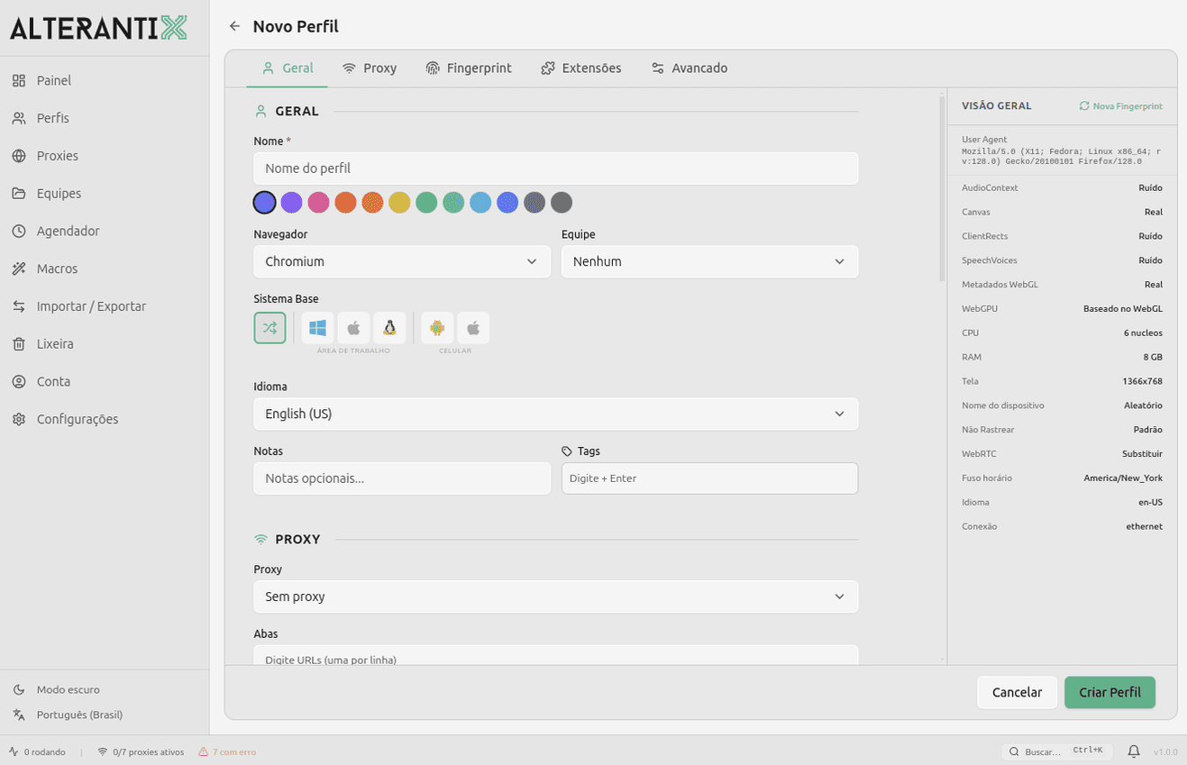 Editor de perfil do AlterAntiX com o painel de fingerprint: User-Agent, Canvas, WebGL, WebRTC e fuso
