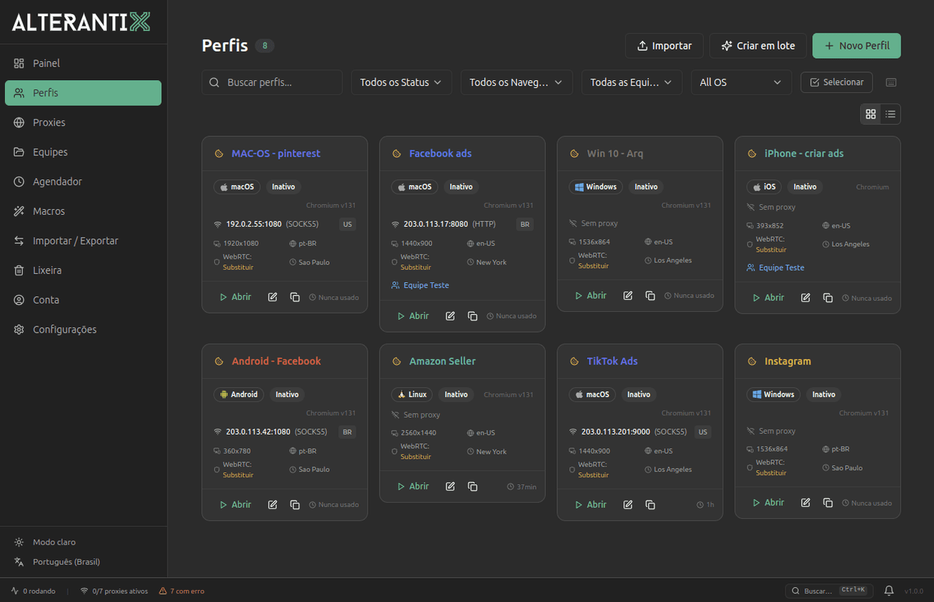 Grade de perfis do AlterAntiX — cada um com seu sistema, proxy por país e fingerprint próprio