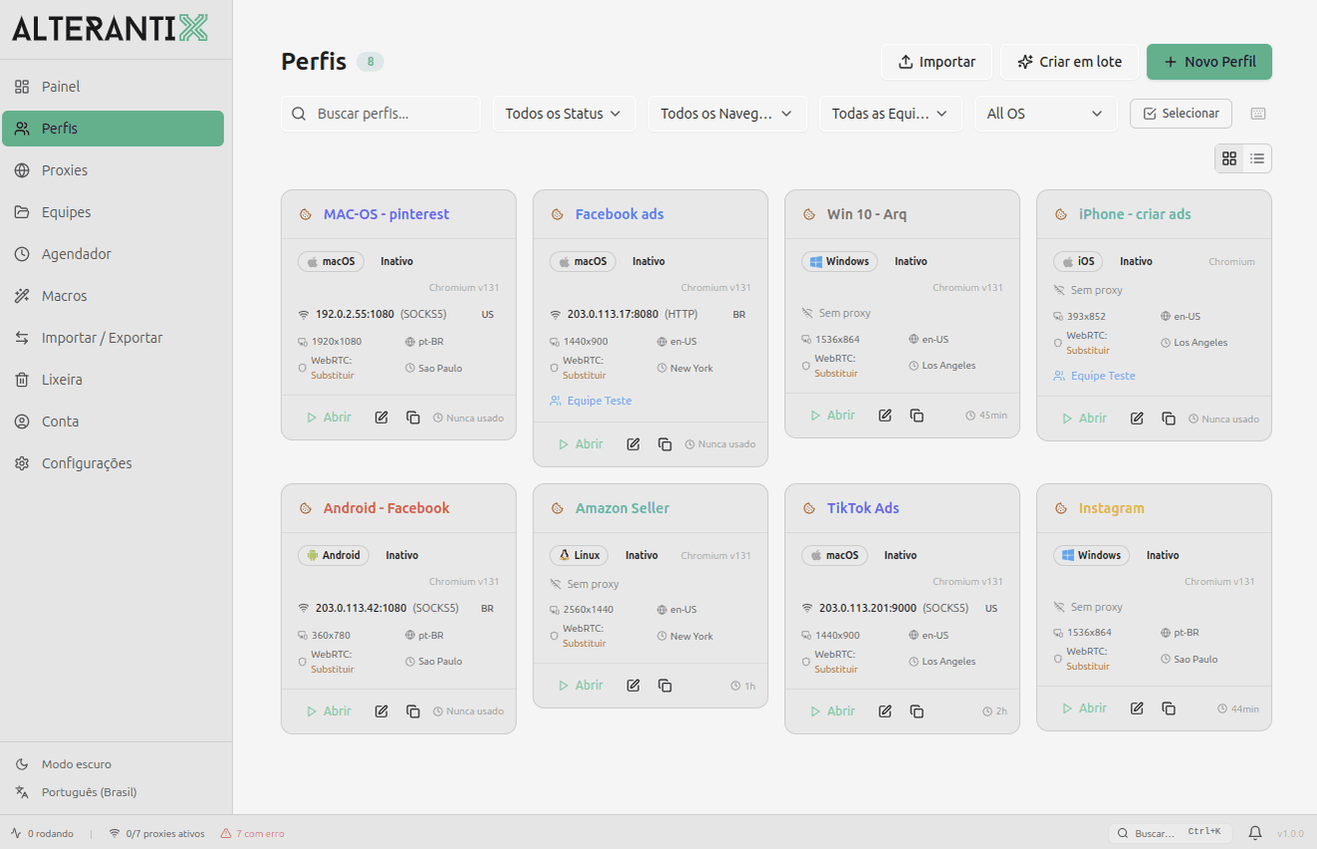 Grade de perfis do AlterAntiX — cada um com seu sistema, proxy por país e fingerprint próprio