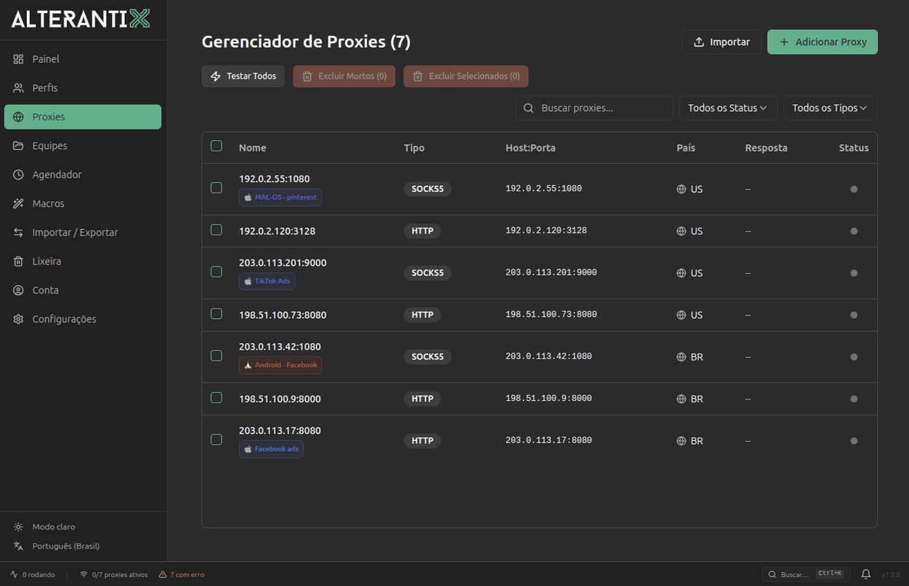 Gerenciador de proxies do AlterAntiX, um proxy por perfil com tipo, país e status