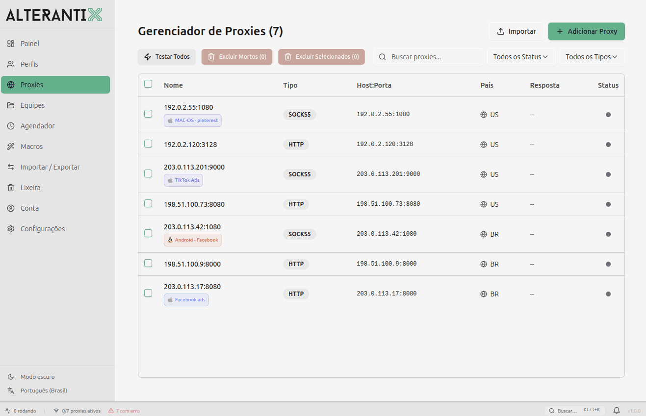Gerenciador de proxies do AlterAntiX, um proxy por perfil com tipo, país e status